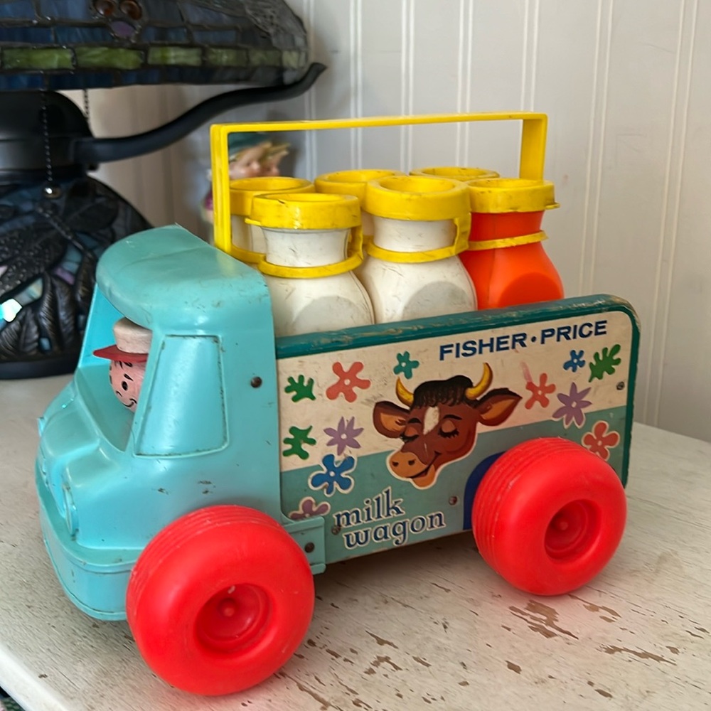 1965 Fisher Price 131 wood milk wagon pull toy vintage